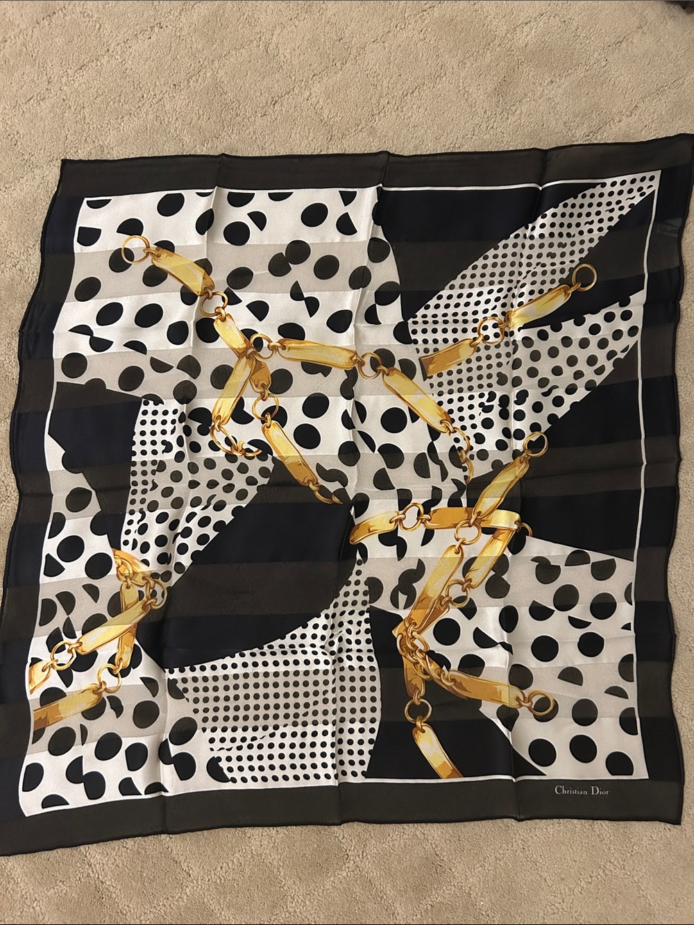 Dior Black, White & Gold Polka Dot Chain-Print Silk Scarf